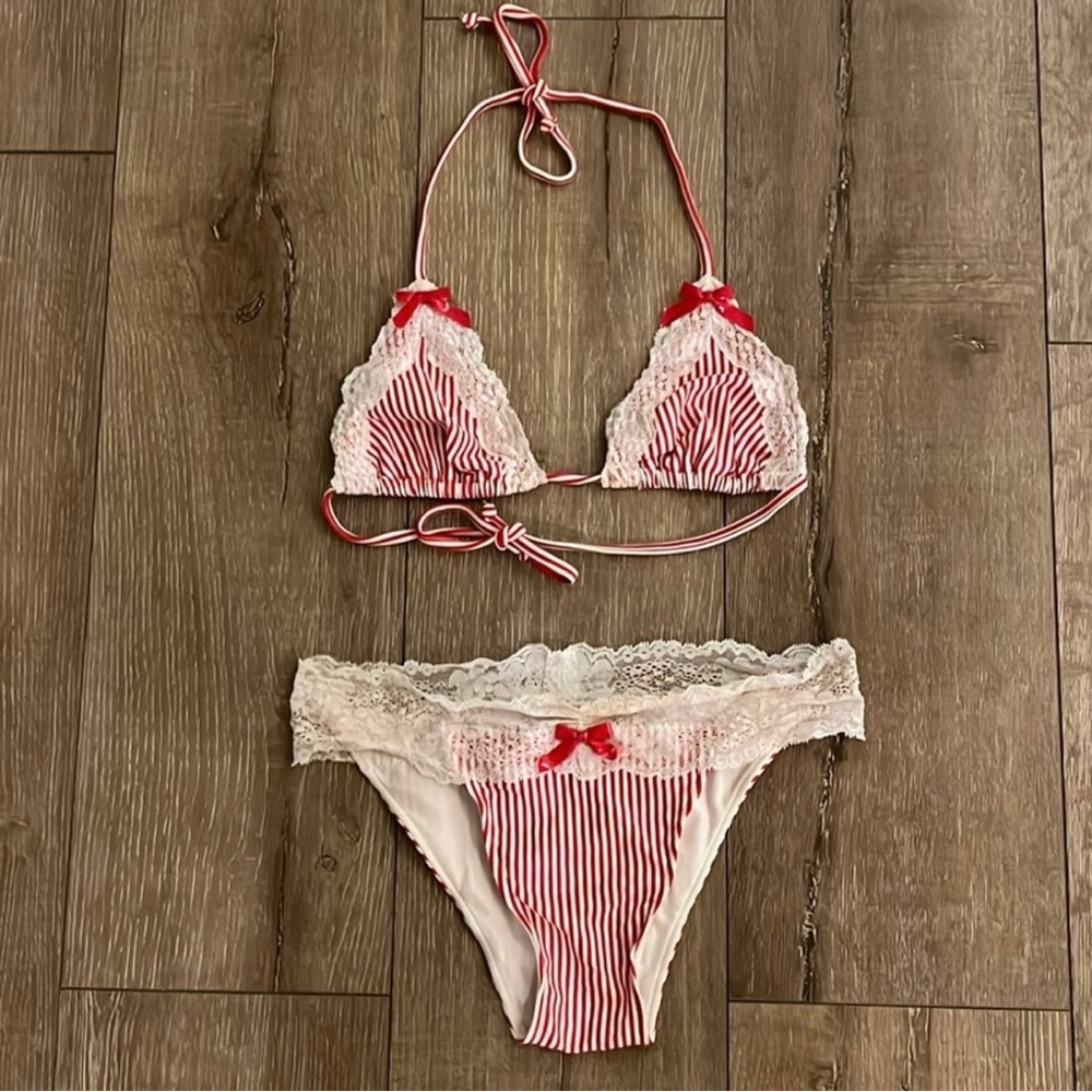 Beach Bunny red and white bikini 
RED BOWS ARE NO LONGER ON THE BIKINI